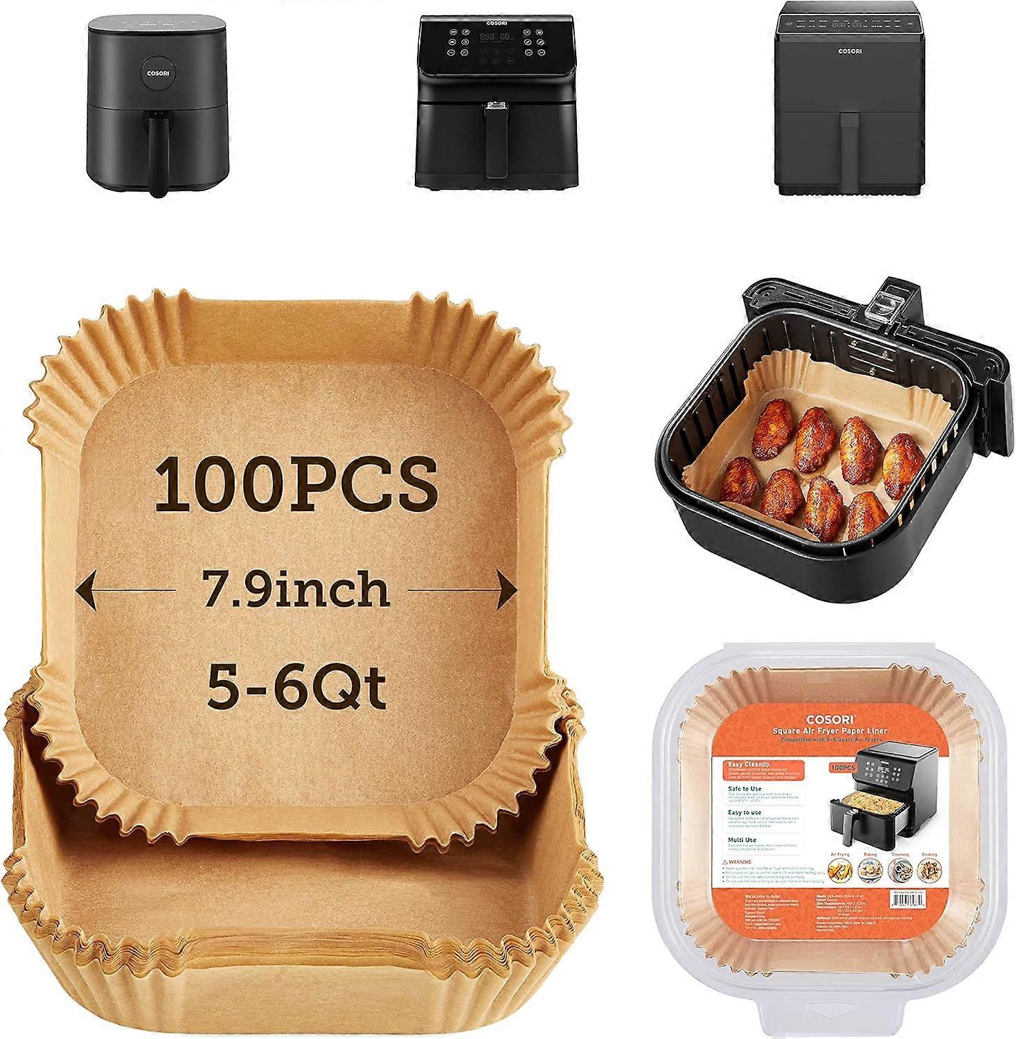 Air Fryer Liners, 100 PCS Square Disposable Paper Liners, Non-Stick Silicone Oil Coating, Little to No Cleaning