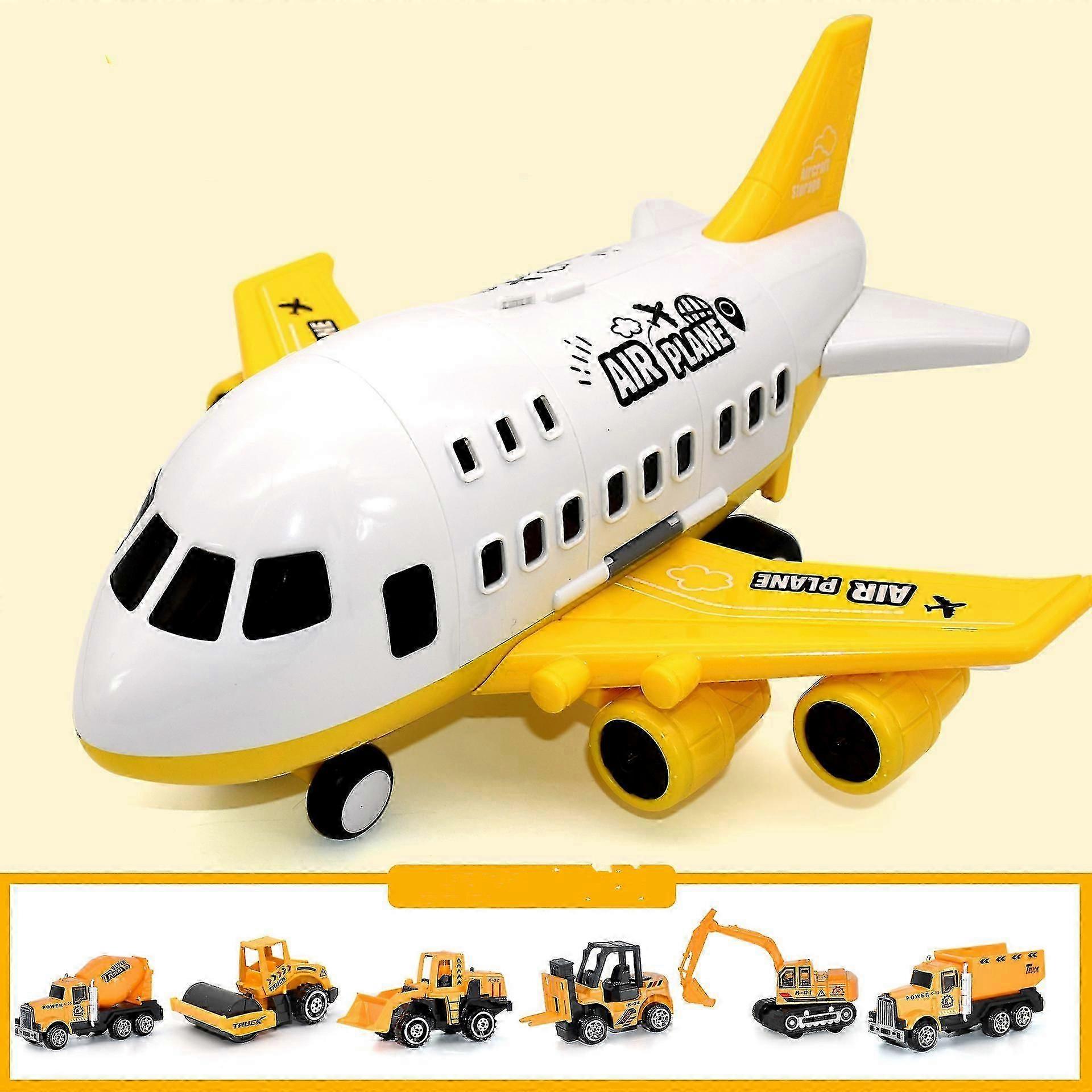 Large Children Airplane Toy Model Yellow With 6pcs Alloy Engineering Vehicle