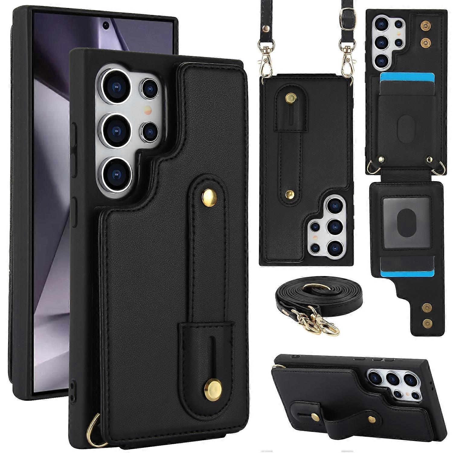 Wristband Vertical Flip Wallet Back Cover Phone Case with Long Lanyard