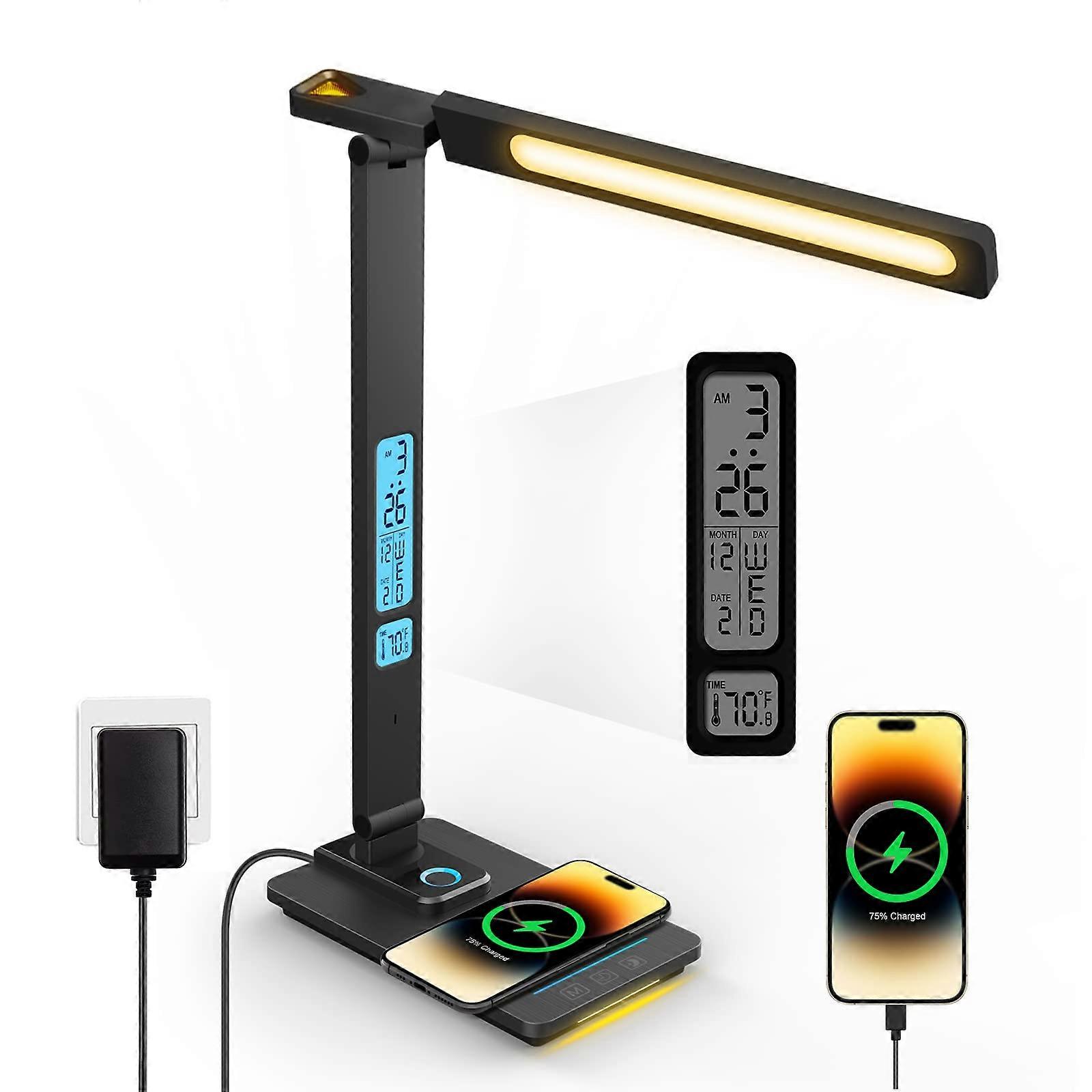 LED Desk Lamp with Wireless Charger: Desk Lamps for Home Office Bedroom, 5 Color Modes & Brightness Dimmable, 2 Night Light