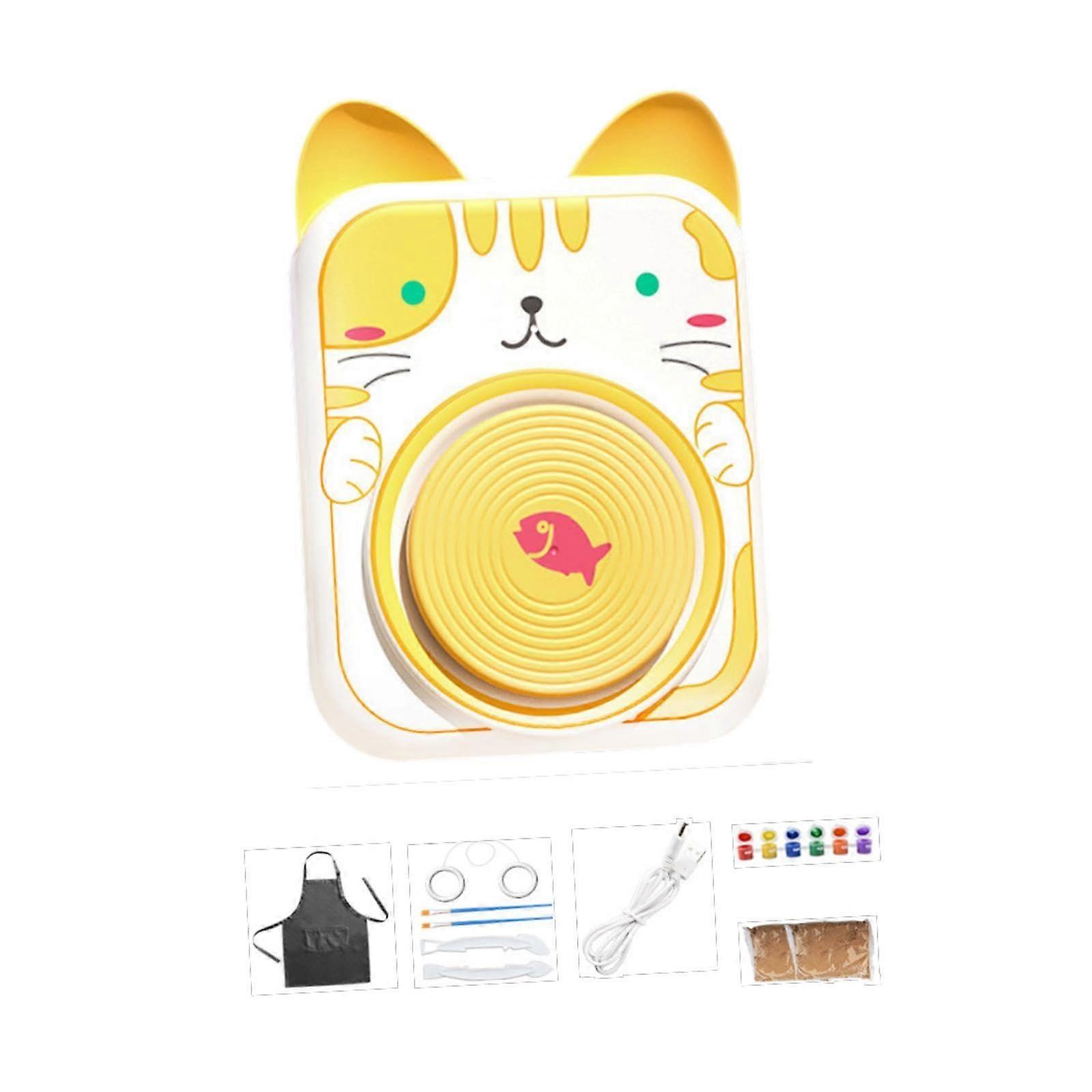 Electric Pottery Wheel Set for Kids, Complete DIY Pottery Kit with Pet-Shaped Apron, Includes Pottery Shaping Machine and Cat Design