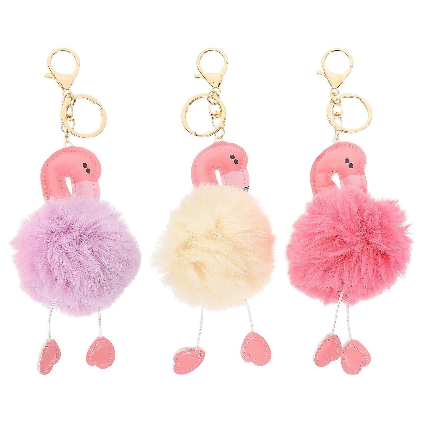 3 Pcs Fluffy Key Ring Plush Animal Flamingo Keychain Key Holder Hanging Decoration (White/Pink/Purple)