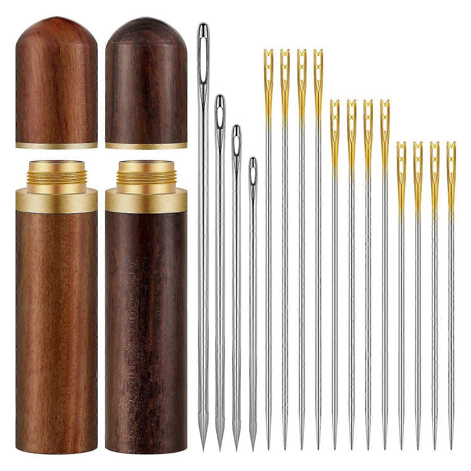 2Pcs Wooden Needle Case with 12 Gold Tail Back Hanging Needles for Sewing