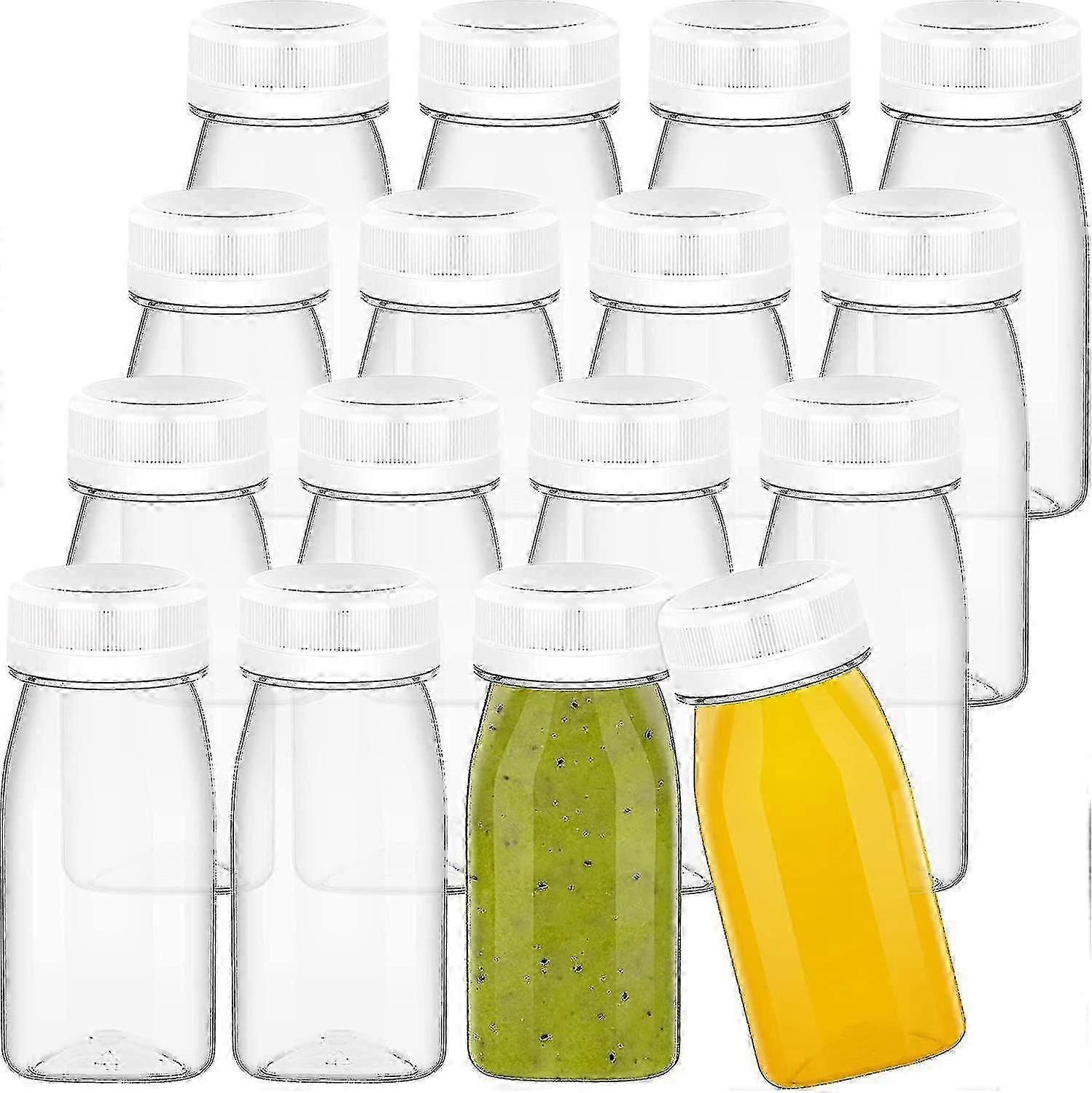 16er-Pack 4 Unzen Plastiksaftflaschen Wiederverwendbarer kleiner klarer Saftbehälter zum Aufbewahren von Saft, Milch, Smoothie, hausgemachten Getränken (weißer Deckel)