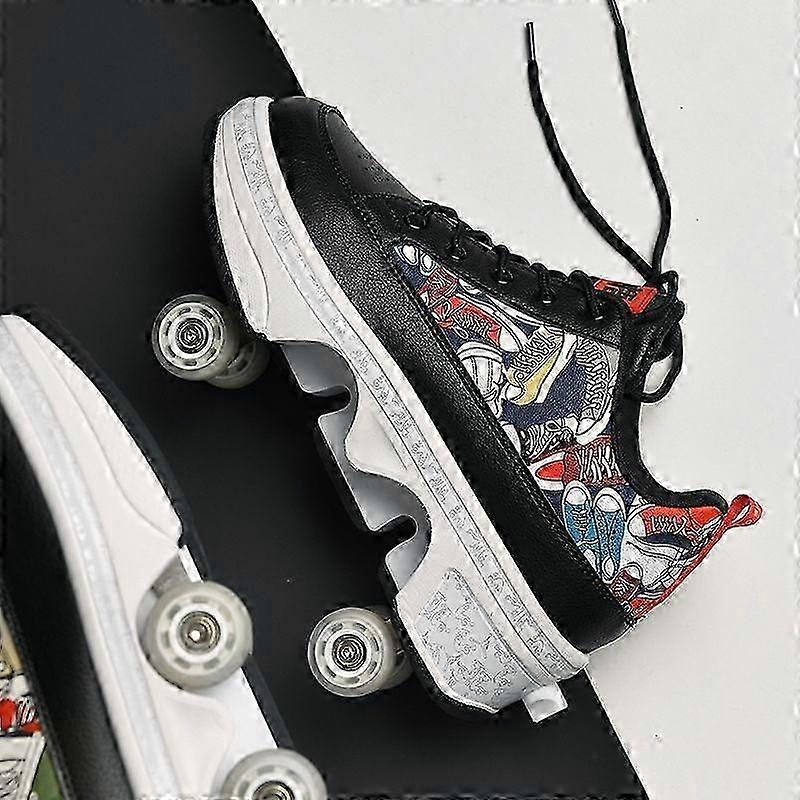 Patins à roulettes, Baskets, Chaussures polyvalentes 2 en 1 avec roulettes, Chaussures de planche à roulettes, Patins à roues alignées, Bottes de patin à roulettes quadruples réglables, Rouleau à double rangée