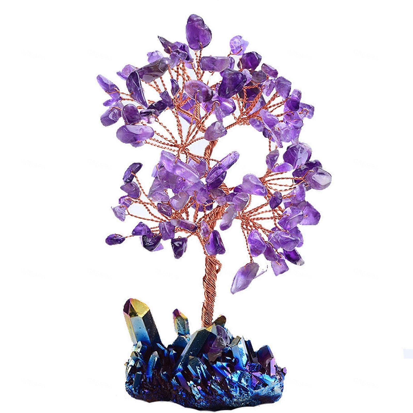 Amethyst Crystal Tree of Life with Rainbow Titanium Cluster Base, Handmade Chakra Gemstone Tree