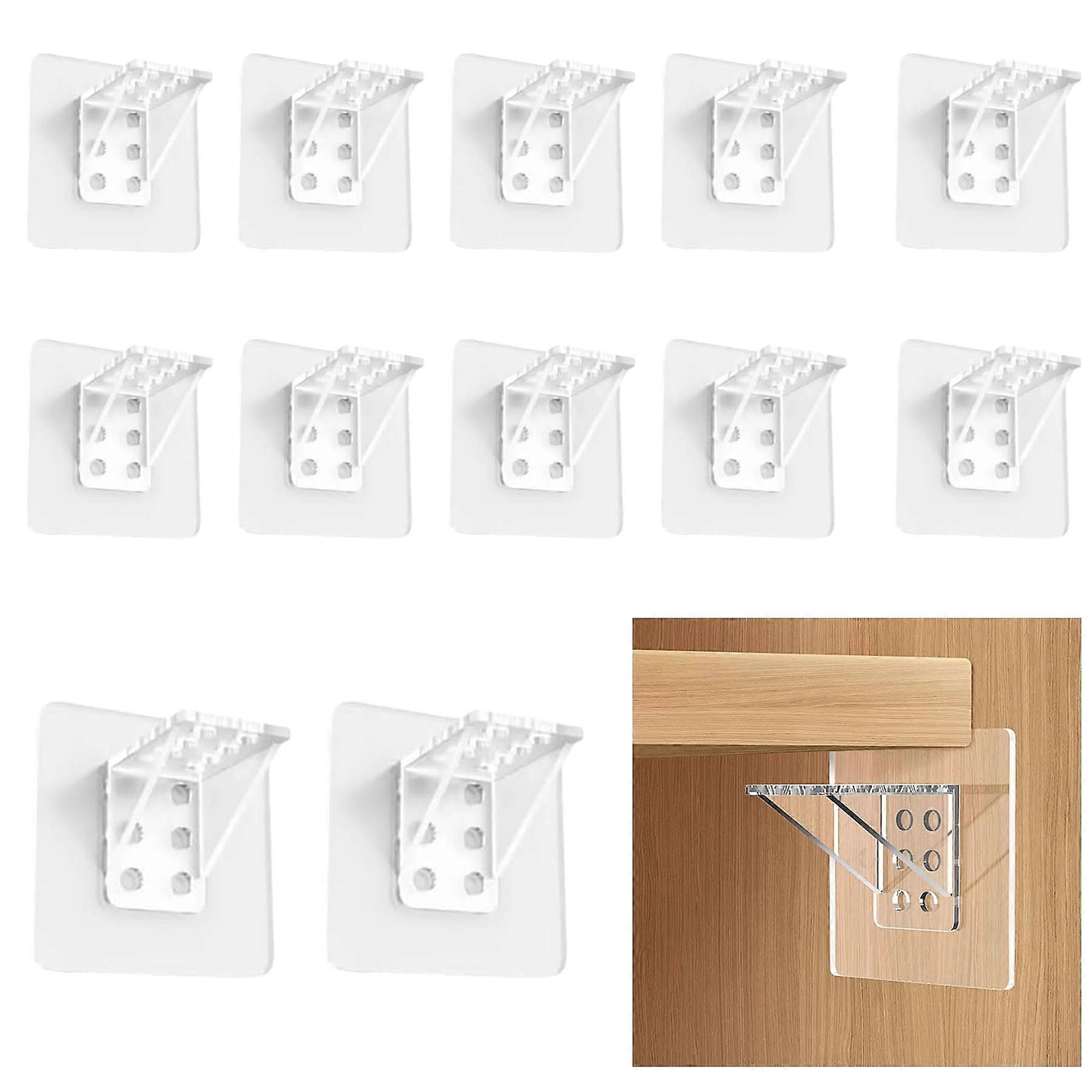 Pack of 12 Adhesive Angle Shelf Brackets, No Drilling, Transparent Shelf Support