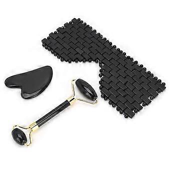 3stk Obsidian ansigtsrulle Gua Sha Board Terapi Blindfold Skønhed Massage Tool Kit