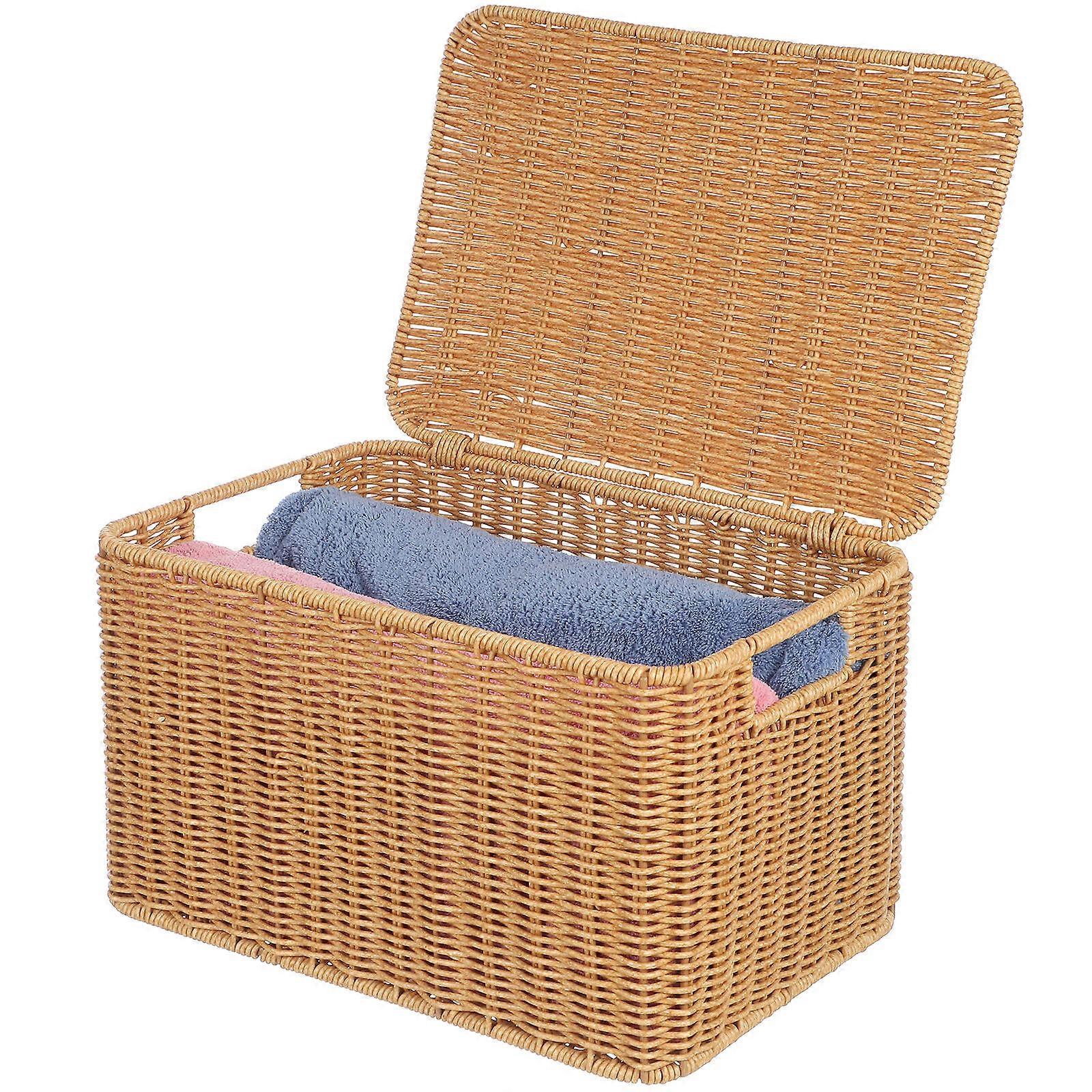Woven Storage Basket with Lid   Medium Handcrafted Rattan Style Organizer for Clothes & Sundries, Breathable Box for Home & Office Use