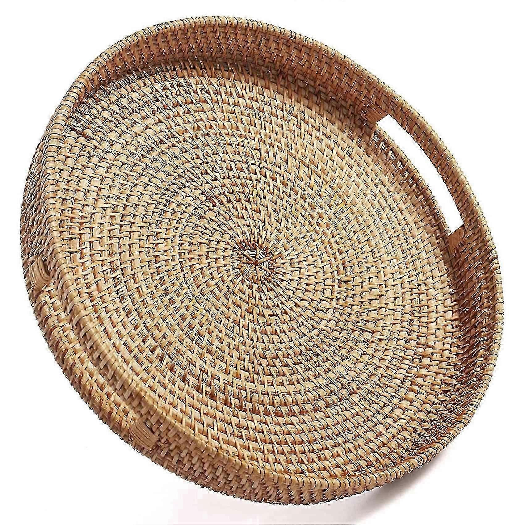 丸い籐サービングトレイ装飾的な織りオットマントレイ、コーヒーテーブルナチュラル(ラーグハイウェイ