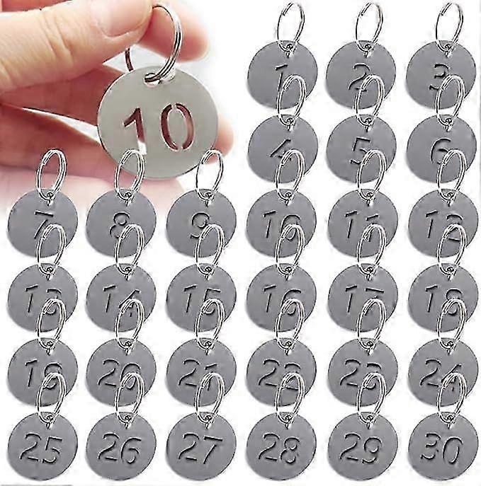 1-30 number tags, round number tags with key ring, stainless steel number tags for keys, hangers, lockers, bars, spas, hotels