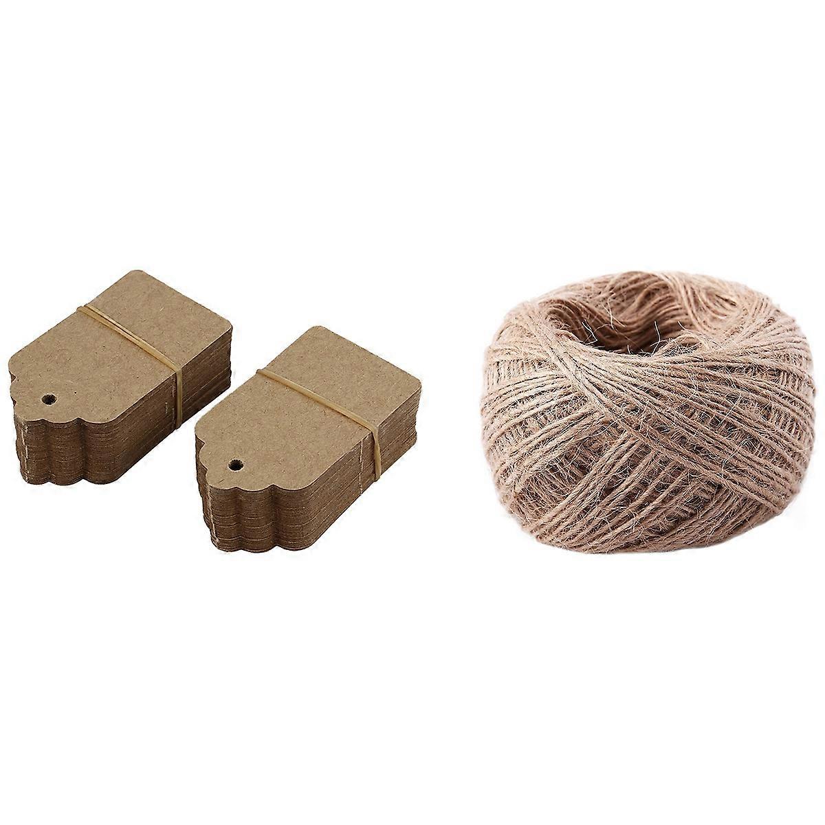 100 Meter - Natural Textured Hessian Twine String 1mm with 100Pack Rustic 40mmx70mm Scalloped Kraft