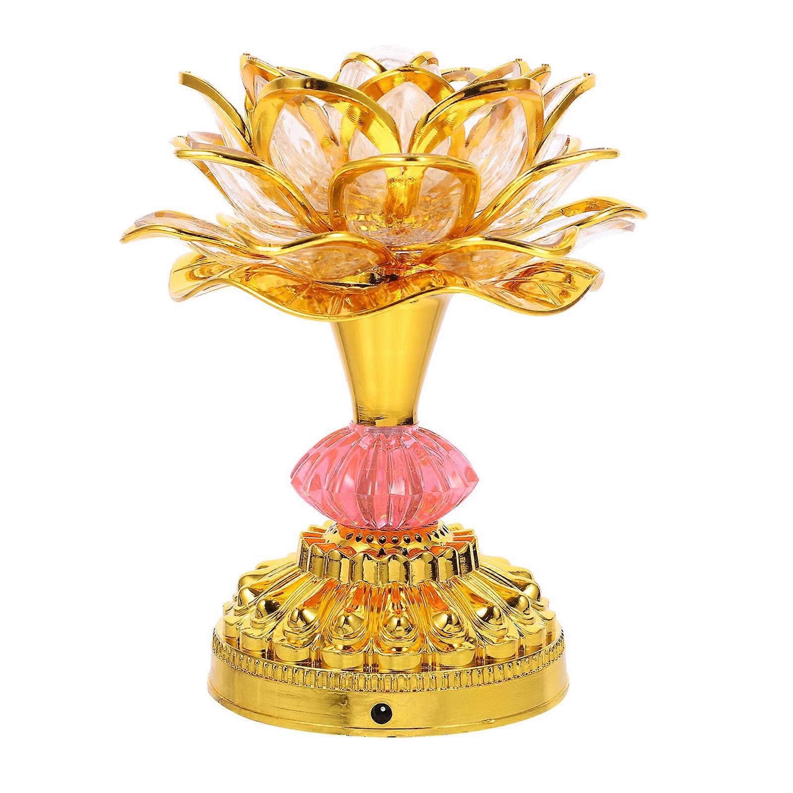Golden LED Lotus Lamp for Home Decor Unique Buddhist Design Stable Base Festival Gift 8.5 x 8.5 x 6.5 Inches