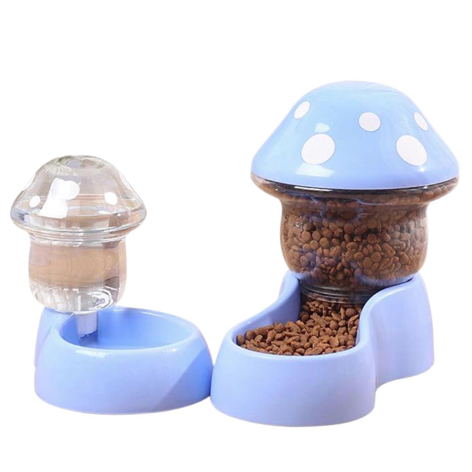 Automatic cat food and water dispenser, mushroom shape, for small dogs, puppies, kittens, blue