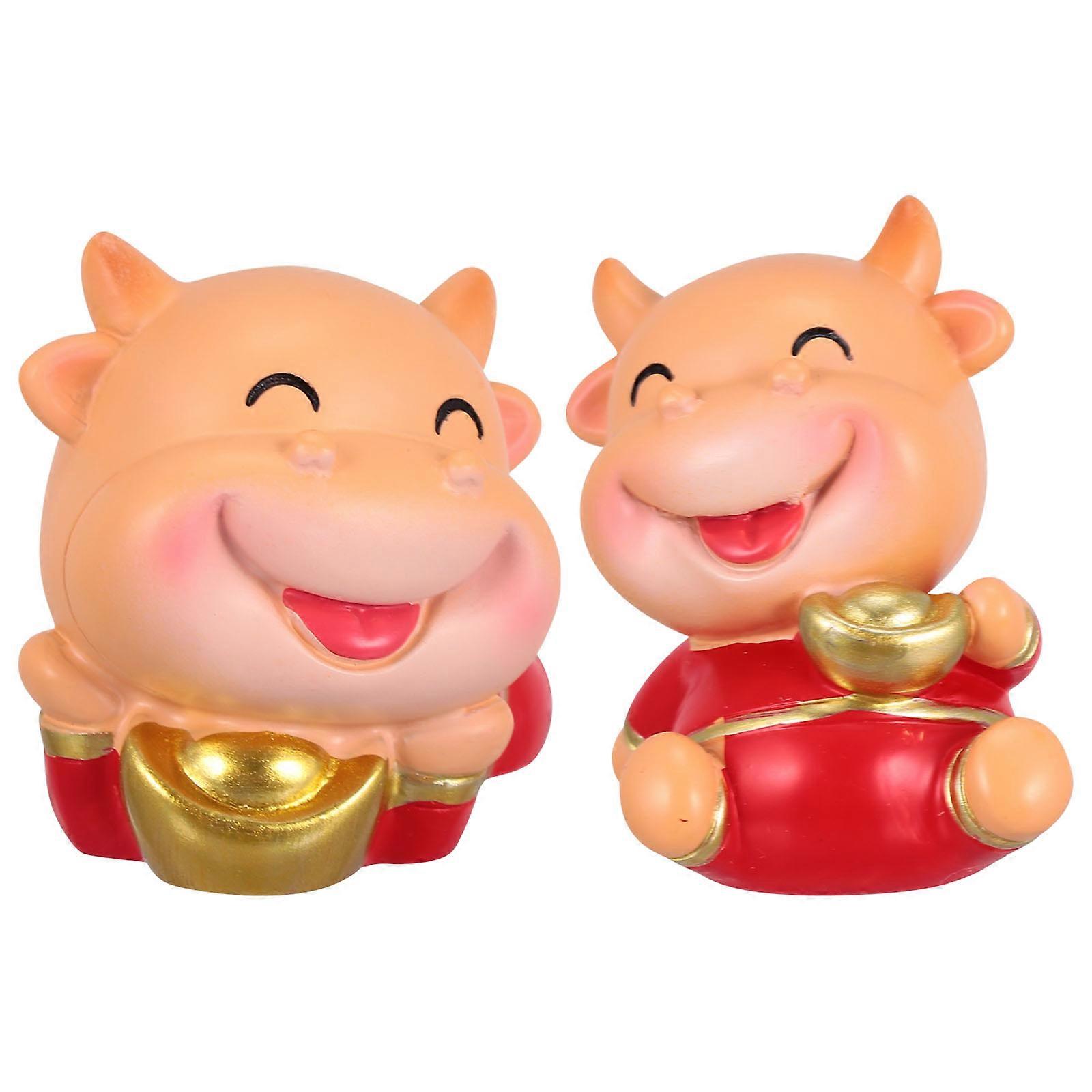 2pcs Ox Mascot Figurines Car Decor Ornaments Desktop Accents