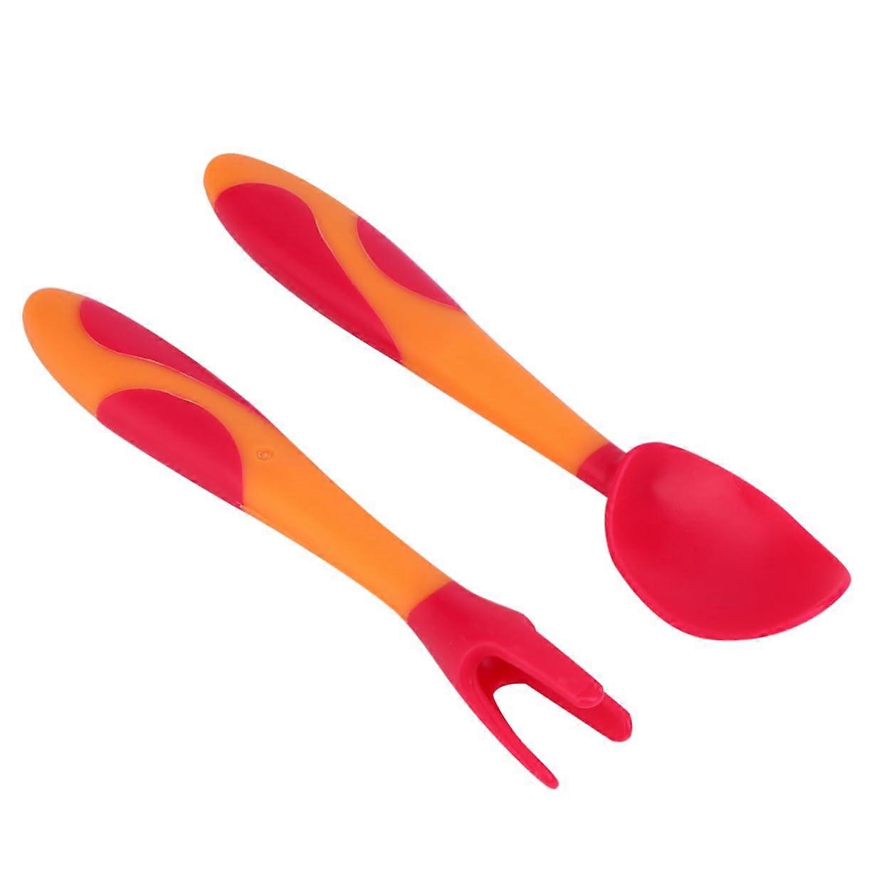 Training Tableware 1-Set Red Spoon And Fork Utensils, Non Slip Grip, Heat Resistant, Bendable For Easy Eating