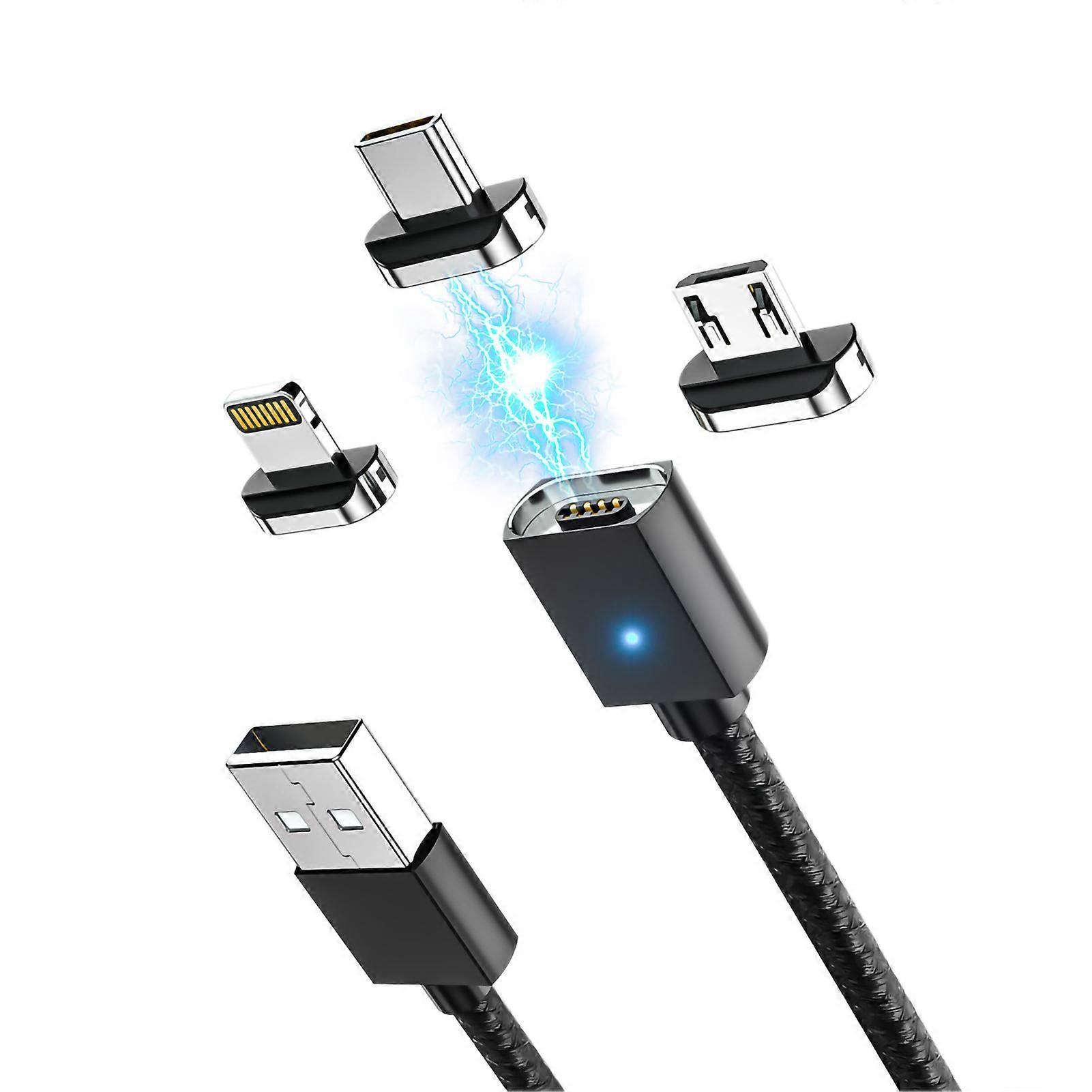 2m Magnetic Charging Cable 3A Fast Charge USB Micro Wire with LED Indicator Black Nylon