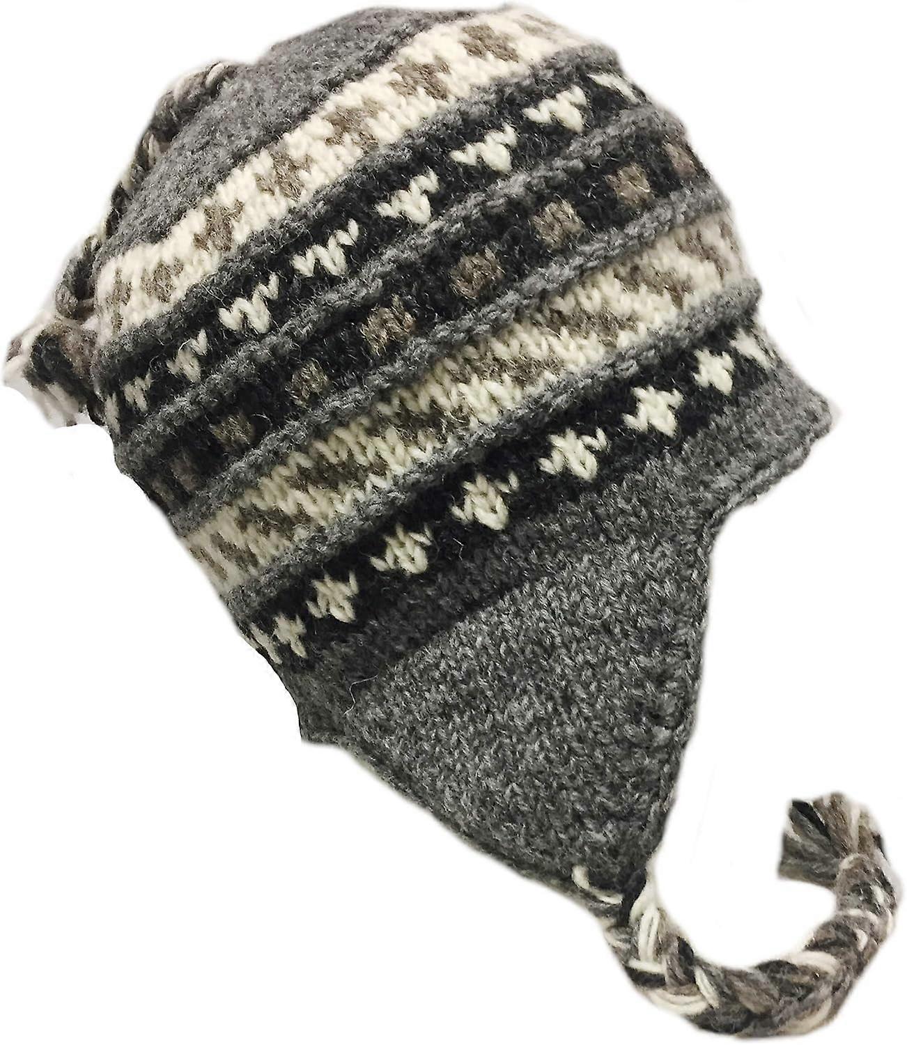 Nepal Hand Knit Sherpa Hat with Ear Flaps - Ski Heavy Wool - Fleeced Lined Cap