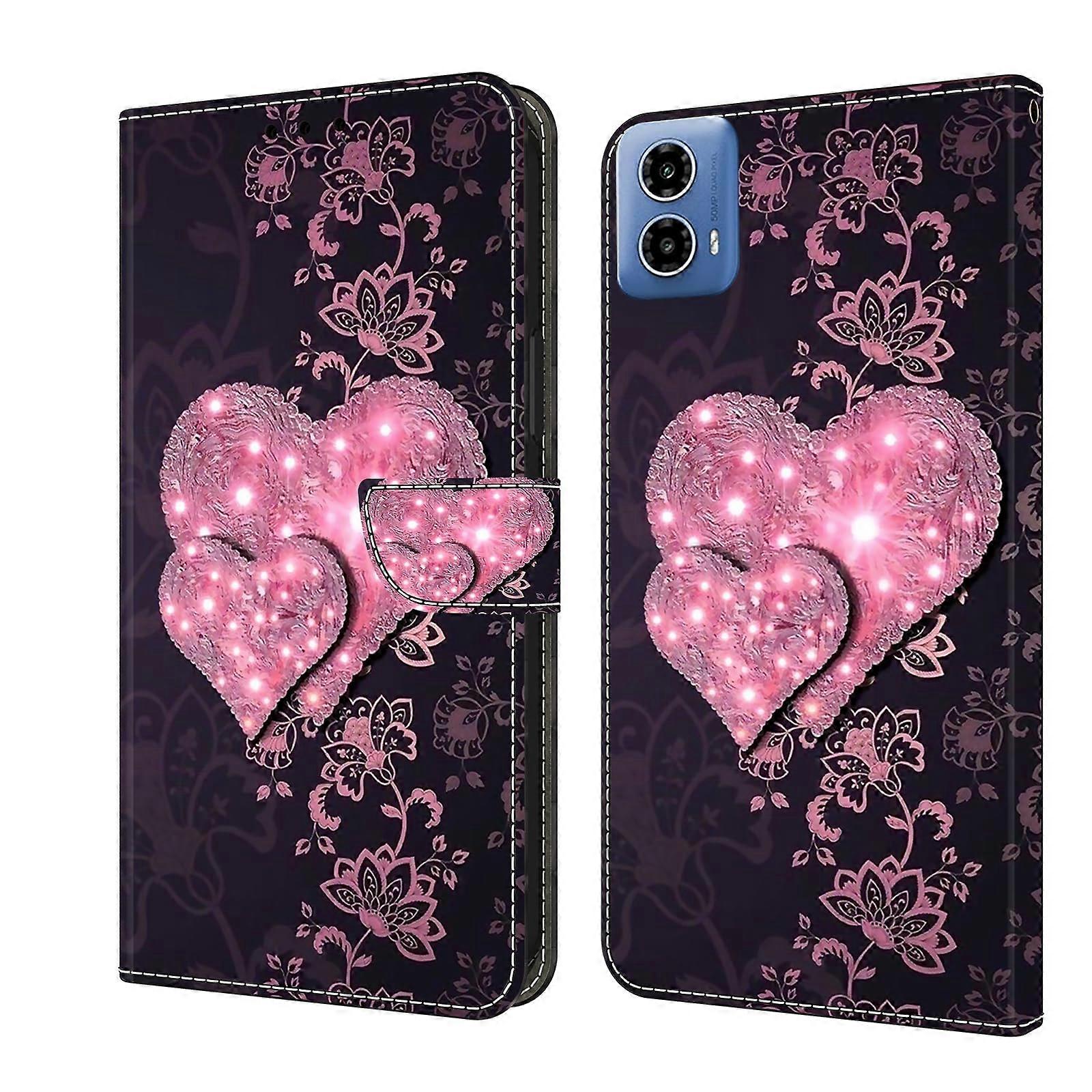 Wallet Case, Soft Glitter PU Leather Holster, 3D Heart Pattern, Compatible with Moto G34