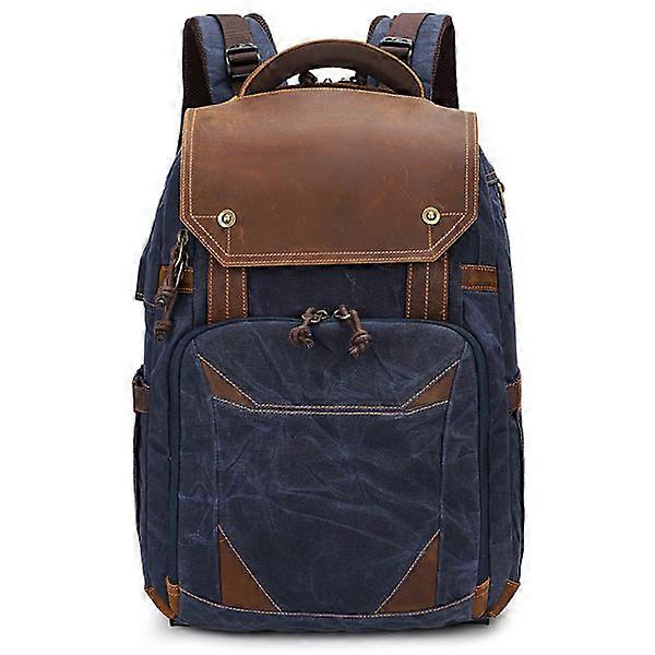 Vintage Leather Camera Backpack – DSLR SLR Backpacks with 15.6” Laptop Compartment and Tripod Holder - Blue