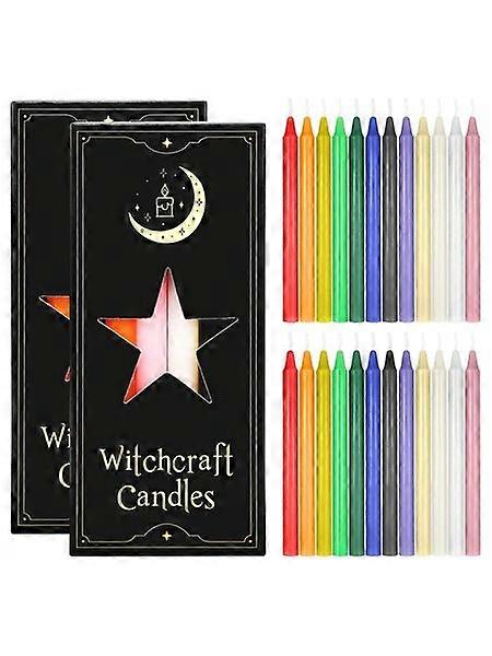 Colored straight candles, available in packs of 12, 24, or 36, each burning for 2 hours