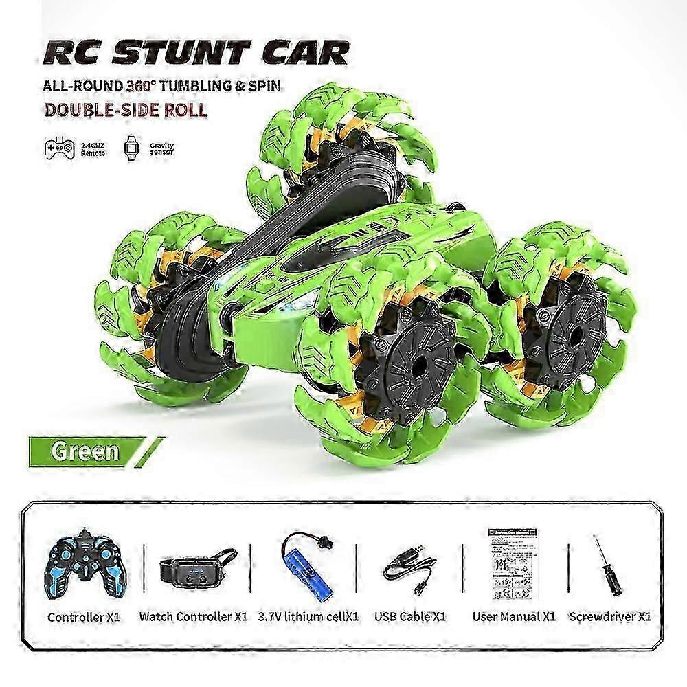 RC RC Stunt Auto für Kinder, 2,4 GHz, 4WD Geste Sensor RC Autos, Explosionsrad, doppelseitig 360, Geschenk für Jungen und Mädchen (grün)