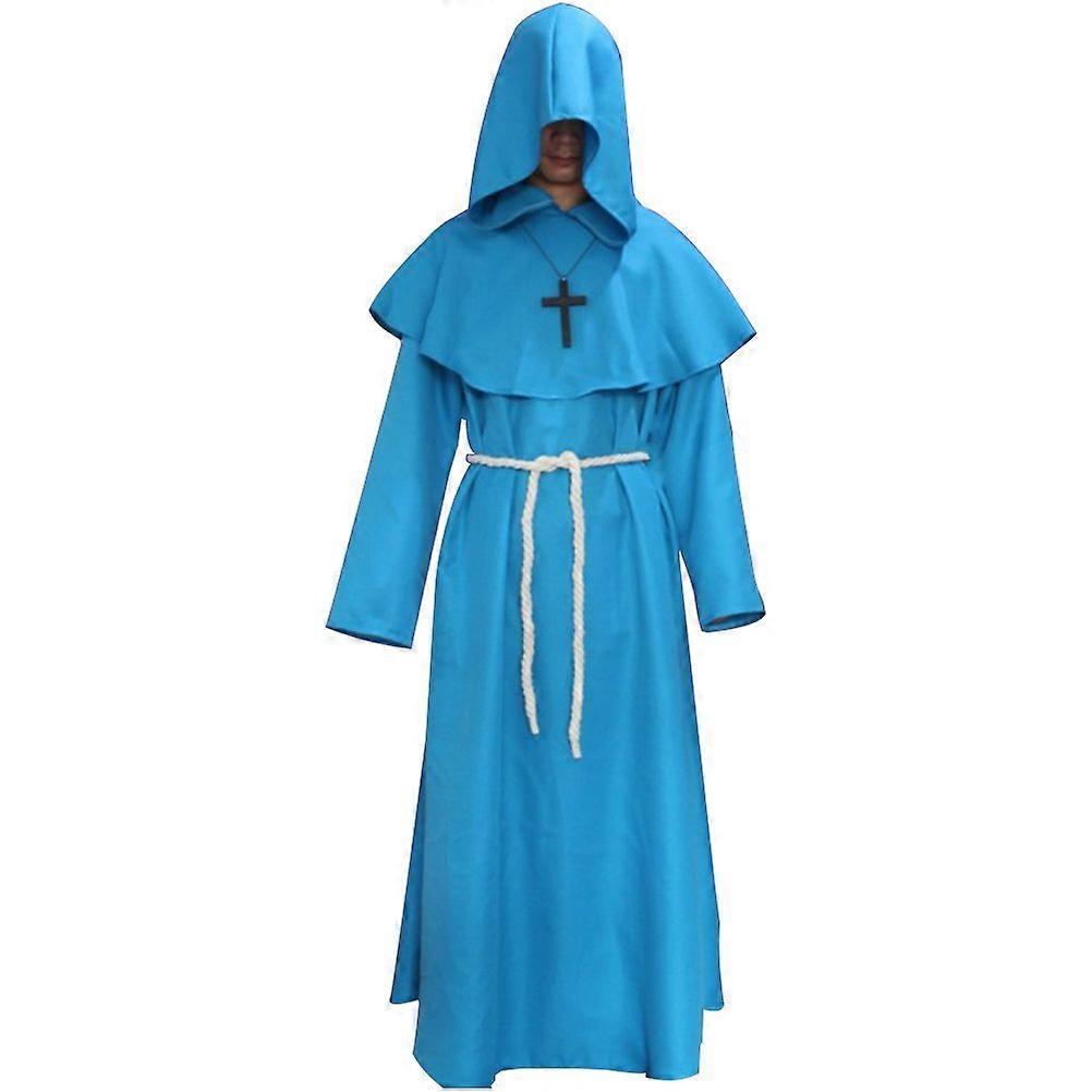 Halloween Medieval Monks Costume Classic Friar Wizard Cosplay Costume Set Size XXL (Blue)