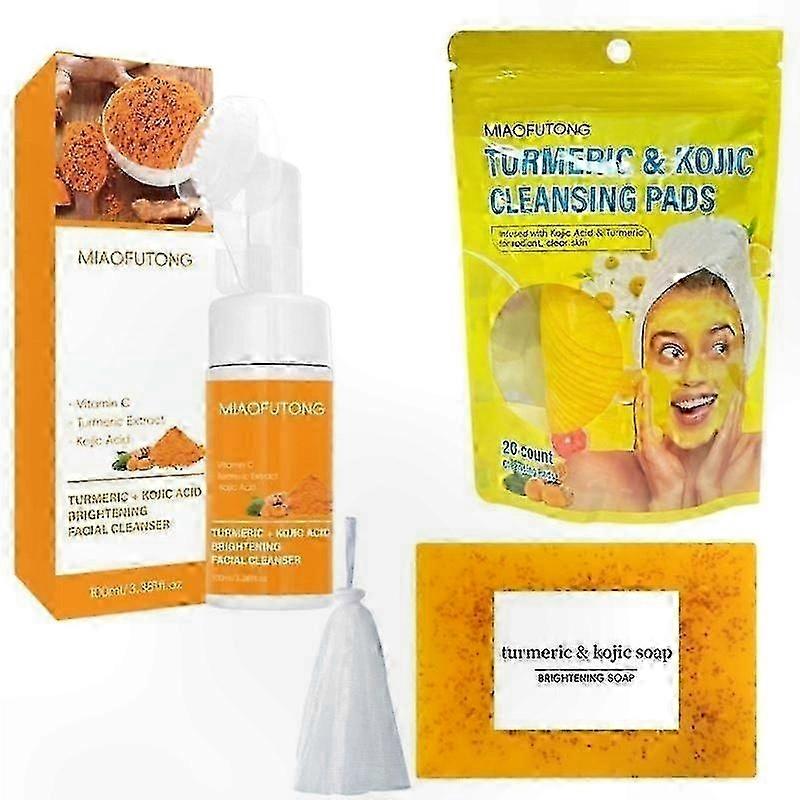 Daily Skincare Routine Set with Turmeric Facial Pads, Cleansing Bar, and Exfoliating Scrub for Face Care