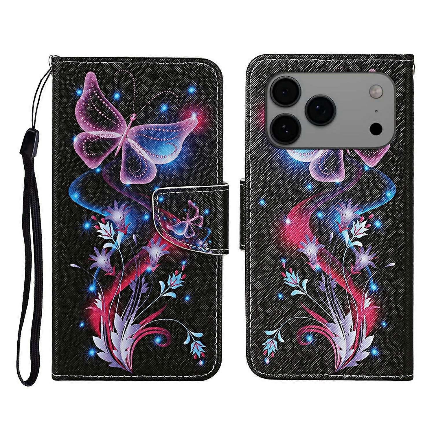 For iPhone 17 Pro Case Pattern Printing Protective Leather Folio Phone Cover with Wrist Strap - Glow