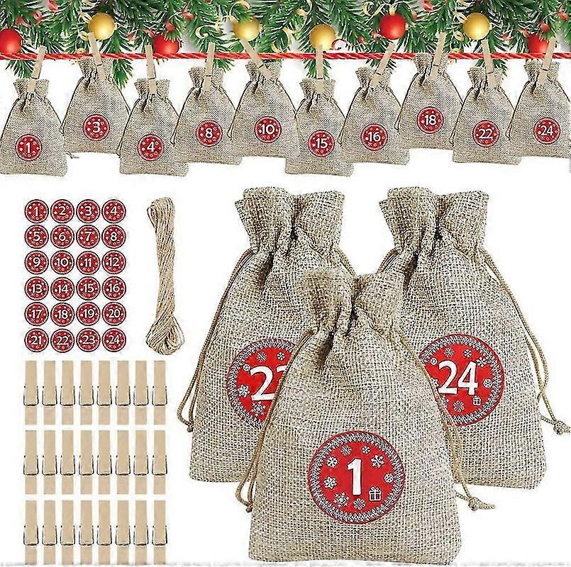 Pre adventný kalendár - pytloviny, adventný kalendár 2020, vianočné darčekové tašky s 24 očíslovanými adventnými nálepkami, sviatočný odpočítavací kalendár