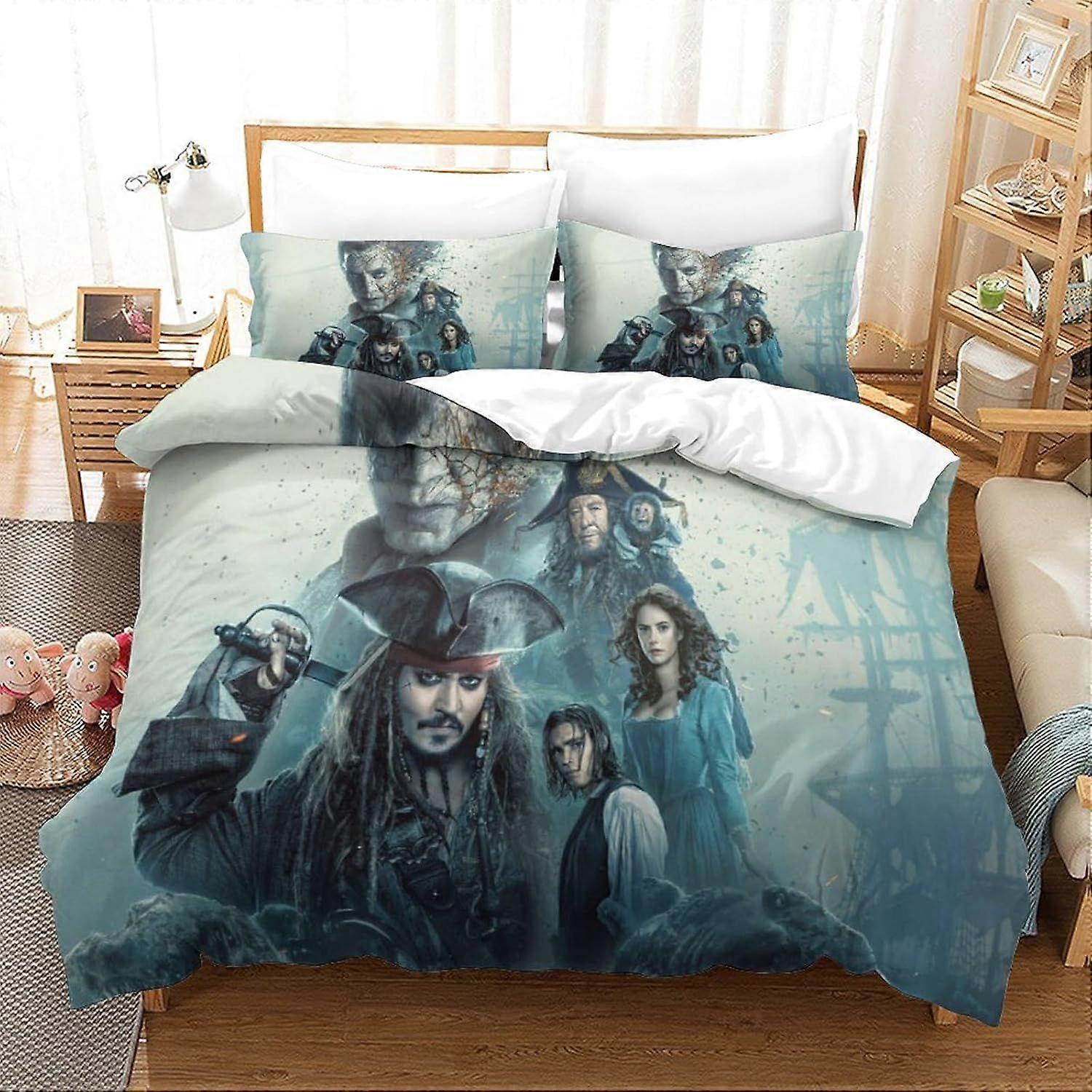 AM121 Pirates of The Caribbean Bedding Set 3 Piece Set Duvet Cover Set Soft Microfiber Quilt Cover with Johnny Depp 3D Pattern Zipper Design Suitable