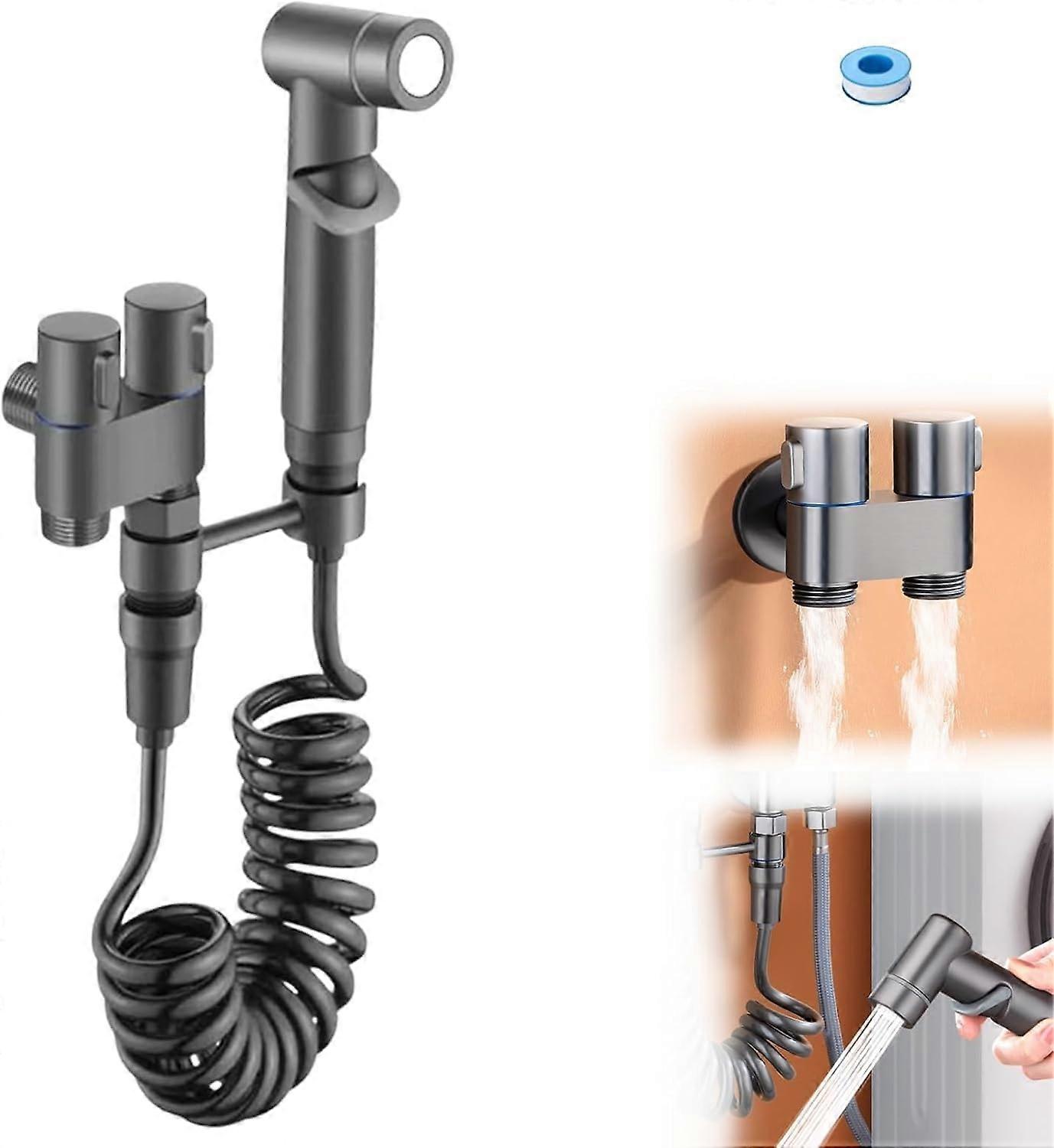 Toilet Faucet Splitter 2Way 1In2Out Dual Control Valve Handheld Bidet Sprayer Double Handle Silver Gray