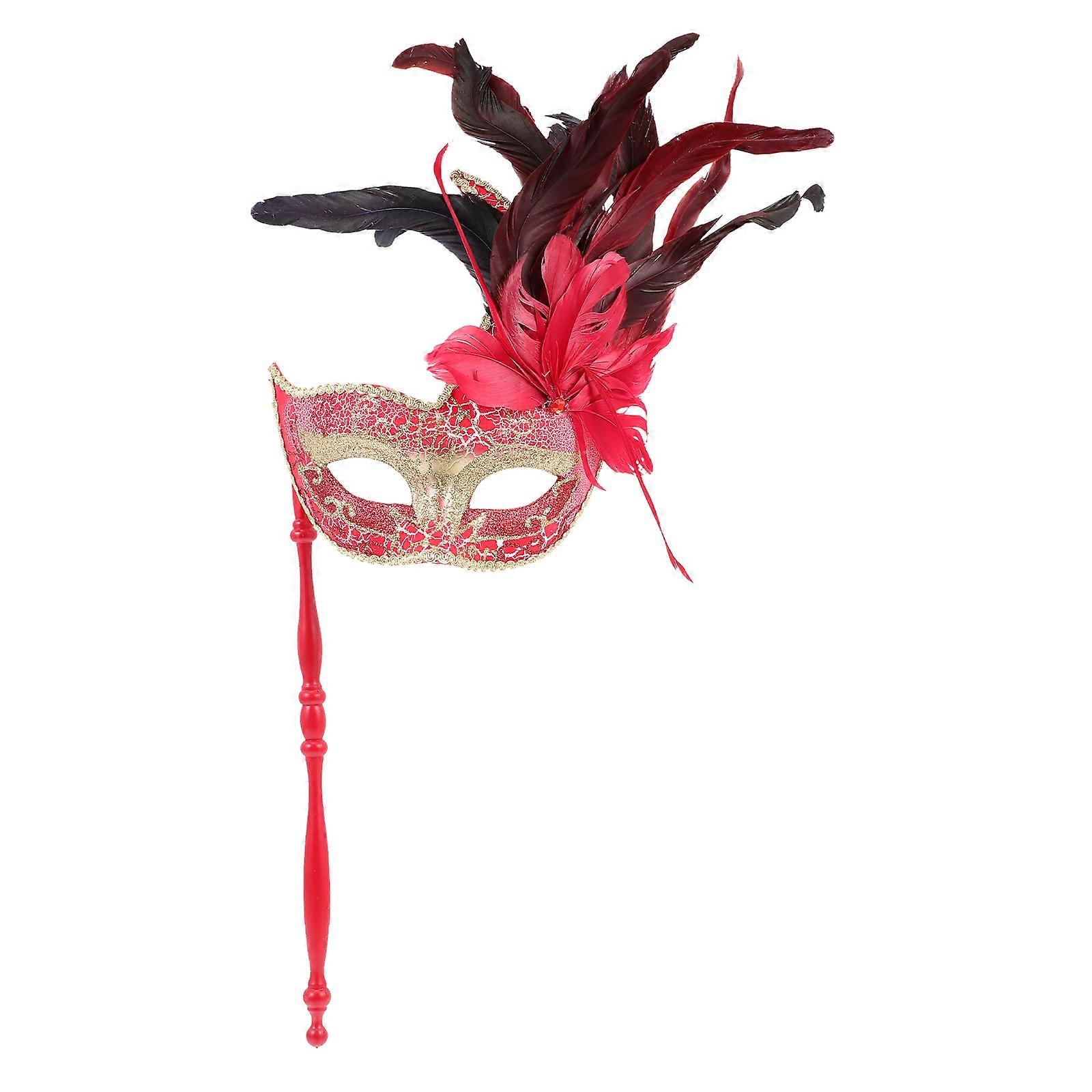 Masquerade Mask with Stick Mask for Decor Red Plastic