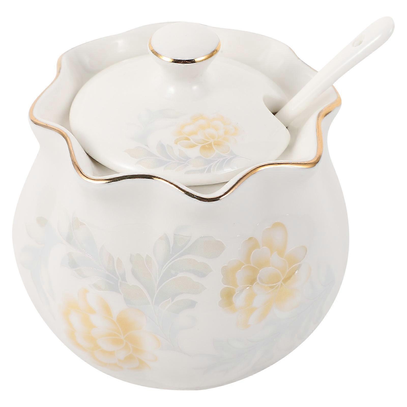 Ceramic Salt Storage Jar for Storage Use 1Set with Spoon and Pattern