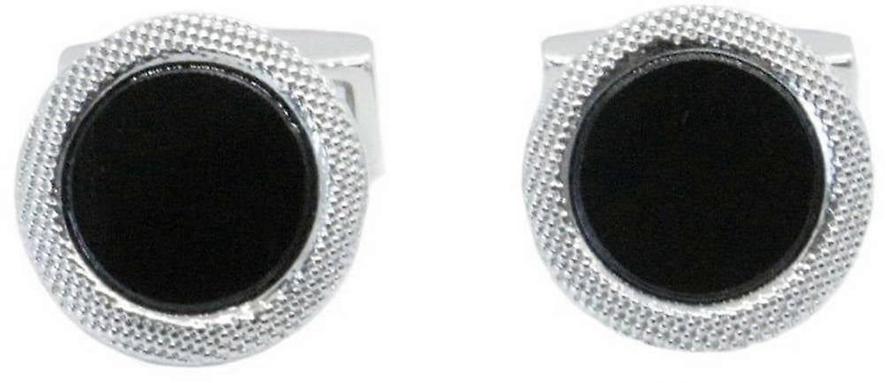 David Van Hagen Onyx Round Chequered Edge Cufflinks - Silver