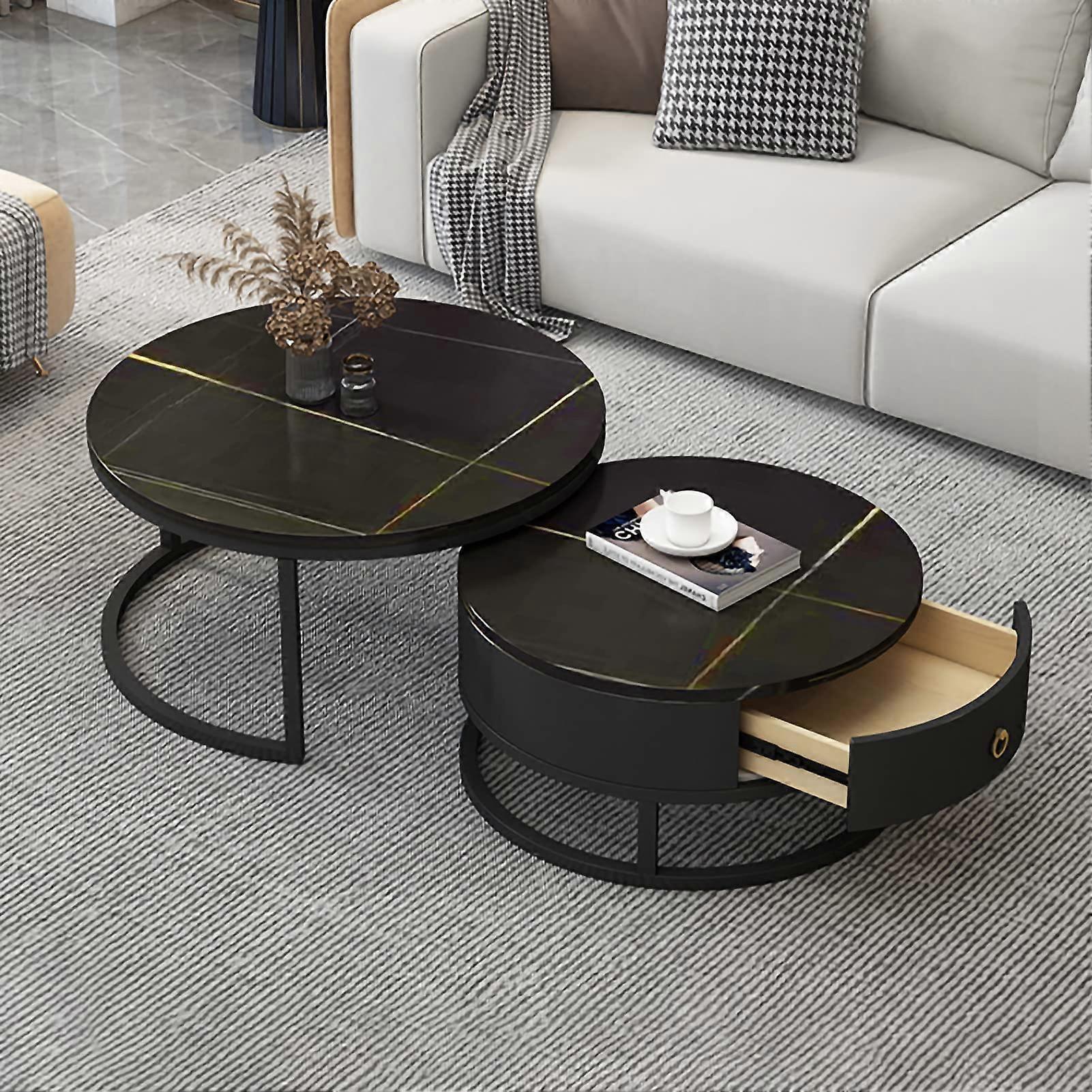 Modern Round Coffee Table Set With Drawer Storage, Nesting Side Tables, Slate Marble Texture, Metal Frame, Set of 2