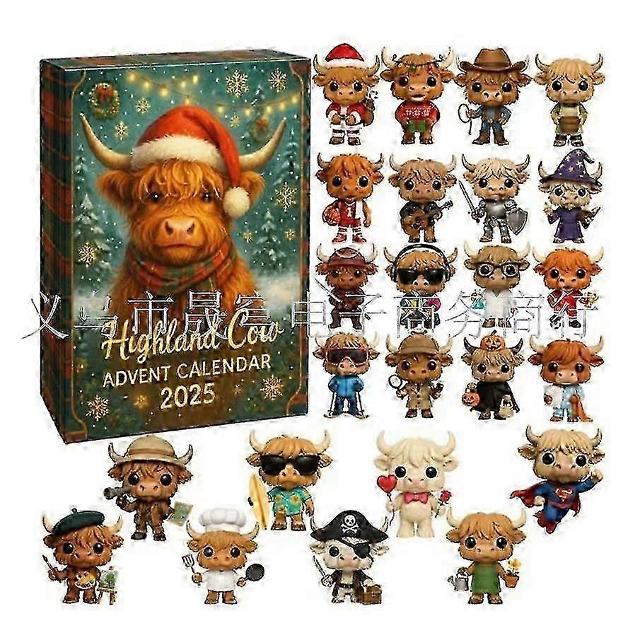Highland Cow Advent Calendar 2025, Highland Cow Figurine Advent Calendar 2025 with 24 Pcs Highland Cow Christmas Ornaments, 24 Days Countdown Calendar