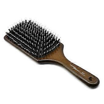 Escova de cabelo tipo raquete com cerdas de javali, cabo de madeira, massageia o couro cabeludo e é adequada para todos os tipos de cabelo.