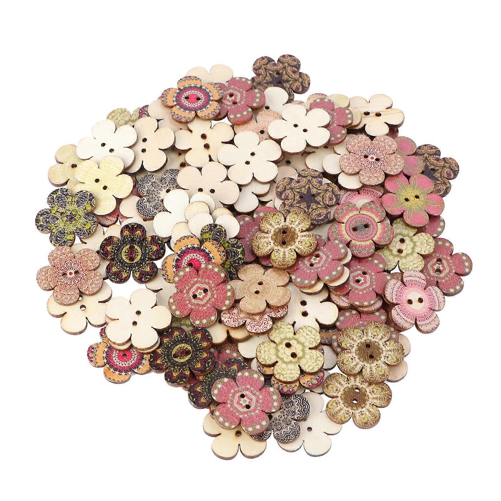 100pcs Wooden Clothes Button DIY Flower Shaped Buttons Colored Drawing Button