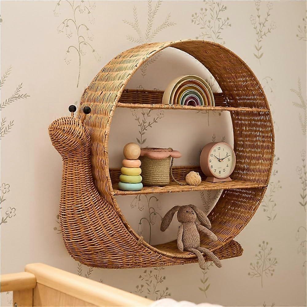 Three Tier Boho Rattan Wall Shelf with Cute Animal Shape, Rustic Handwoven Floating Bookshelf for Home