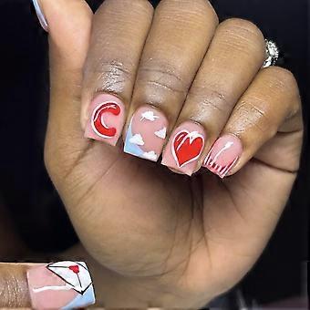 Valentine's Day Press on Nails Short Pink Heart Fake Nails with Red Heart Full Cover Tips