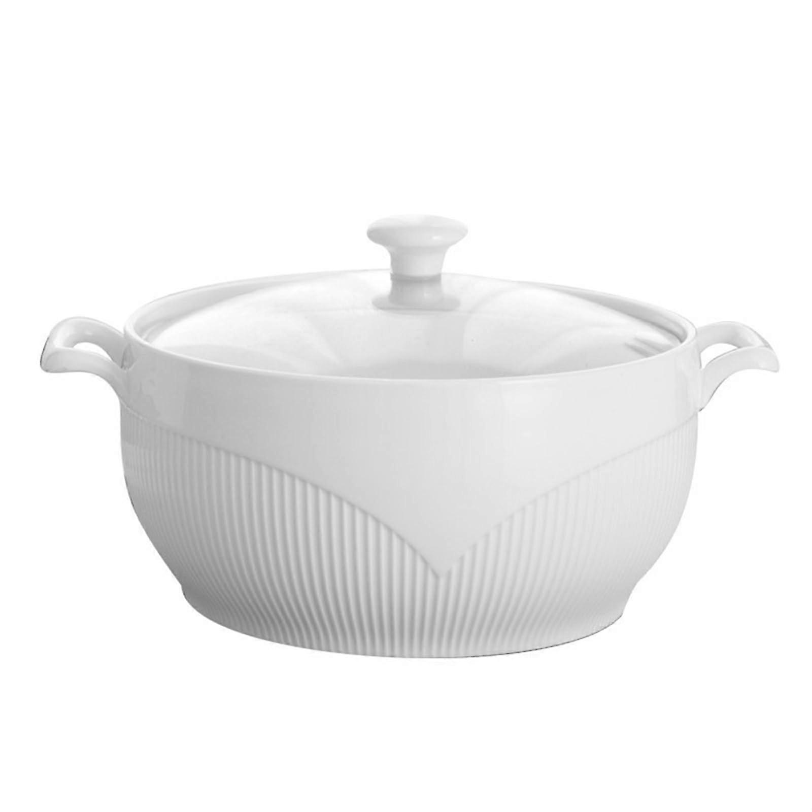 Large Ceramic Soup Pot with Lid, Elegant Embossed Design, Microwave and Dishwasher Safe