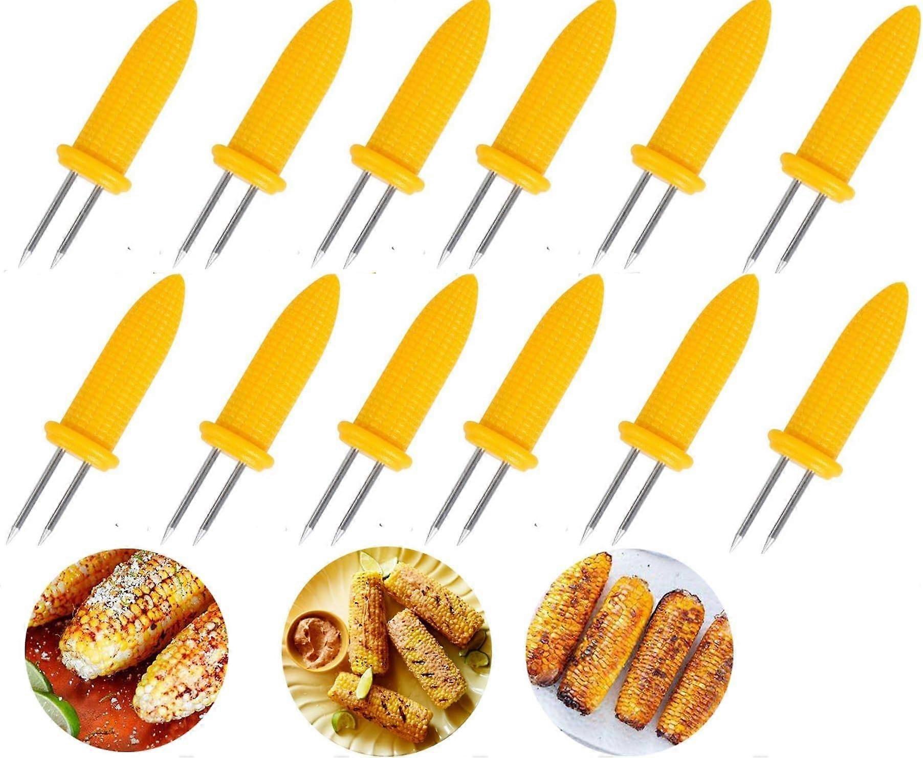 12pcs Stainless Steel Corn Holders with Yellow CoolTouch Handle for BBQ and Kitchen Use