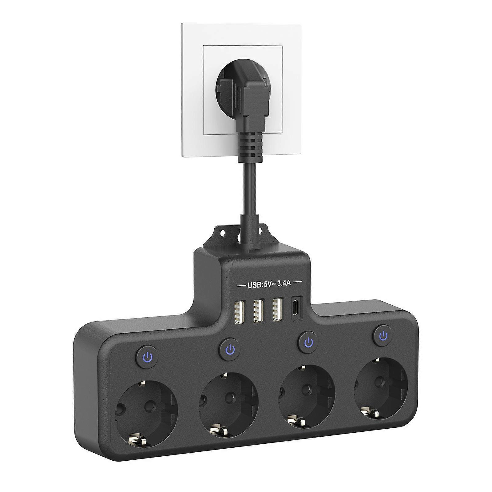 EU Power Strip Surge Protector with Individual switch, Multi Plug Multiple Socket 4AC Outlets 4 USB Potrs Fast Charging