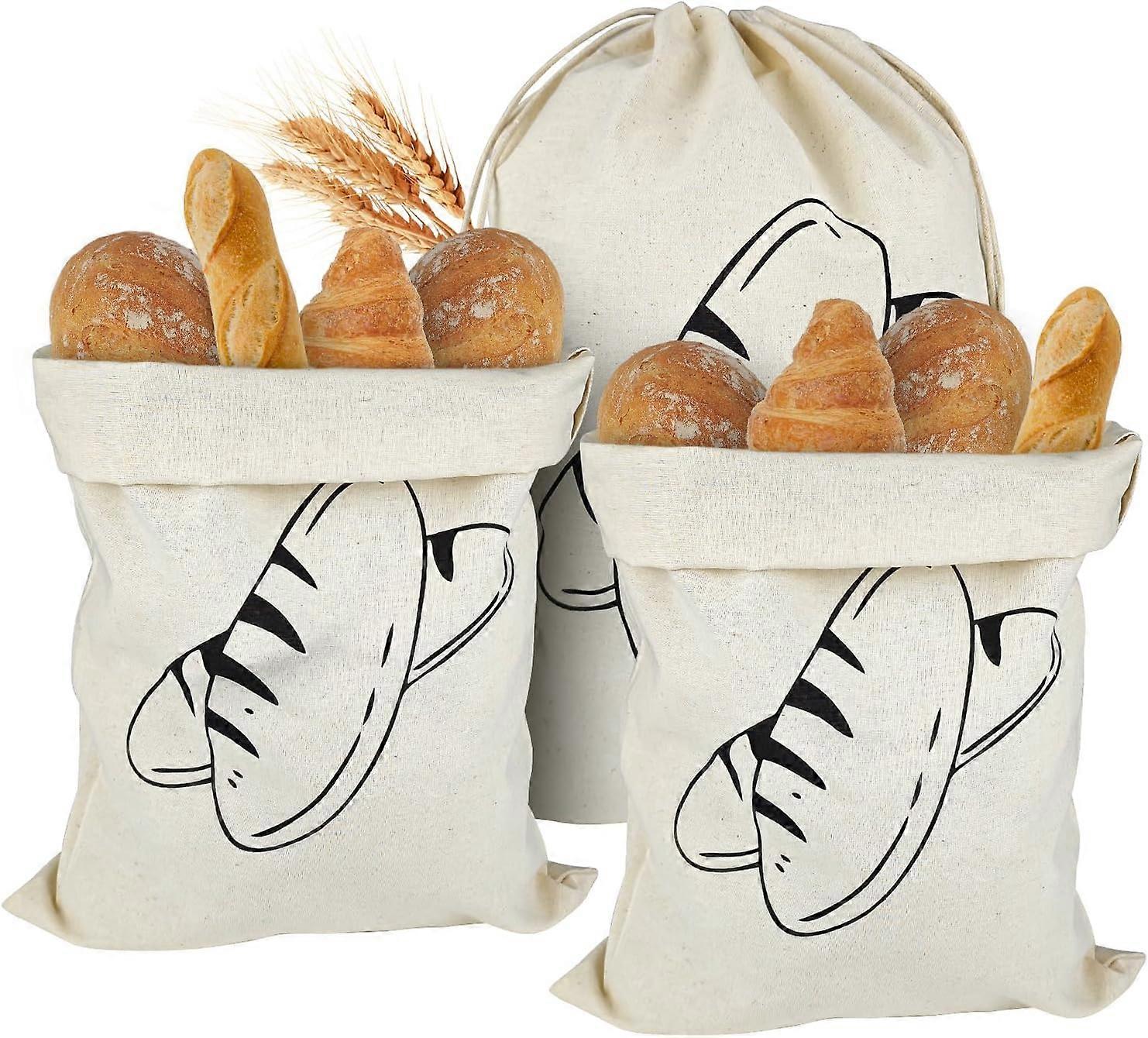 Linen Bread Bags with Drawstring, Unbleached, 3 Pieces, Reusable, Long