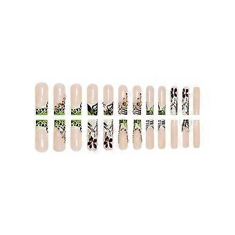 Green Leopard Butterfly Press-On Nails, 24 pcs Almond False Nail Tips with Glue for Everyday and Party Wear