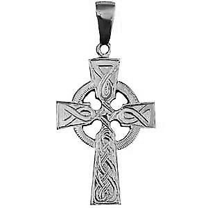 Silver 35x24mm hand engraved knot pattern Celtic Cross with bail