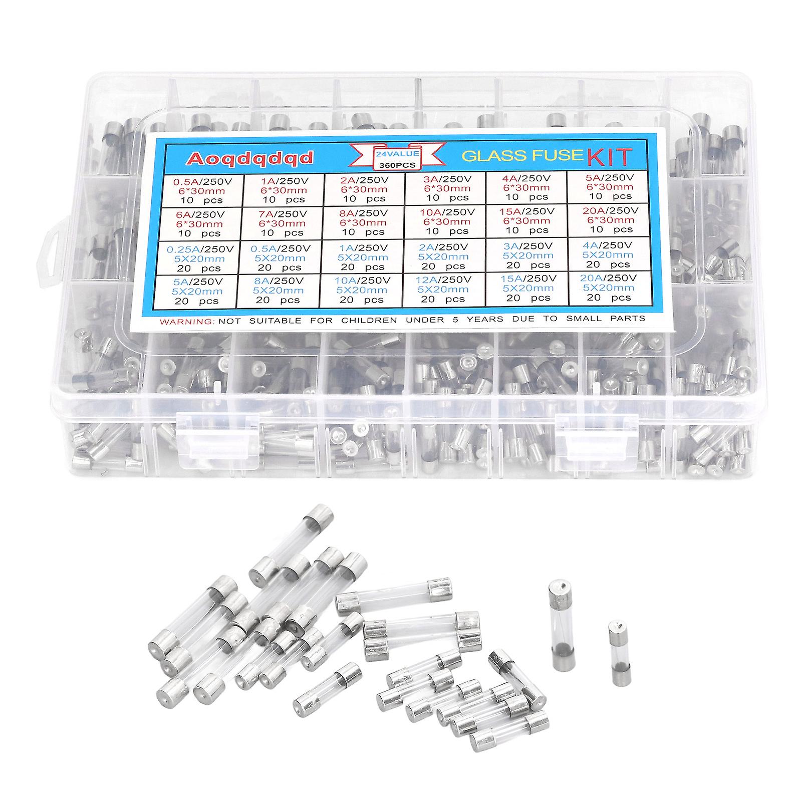 360Pcs Glass Fuse Tube 0.25A‑20A 24 Types 6x30mm 5x20mm Assortment Set Kit for Circuit Protection