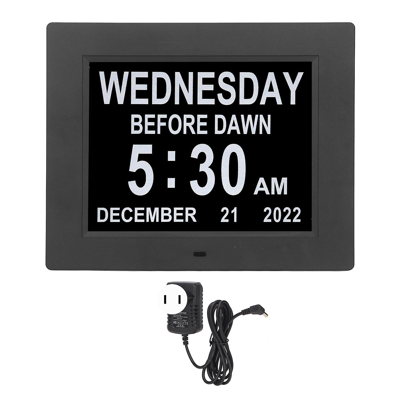 8" Digital Day Calendar Clock with Alarms, HD Display, 8 Languages, Auto Dimming