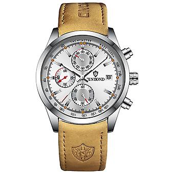 BINBOND B6022 Quartz Watch Leather-White Steel-White